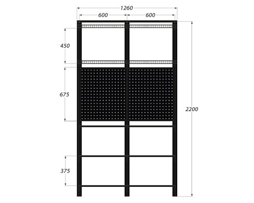 Стеллаж металлический с черными перфорированными панелями